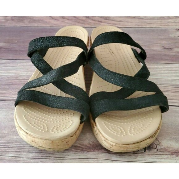 Crocs Womens A-leigh Shimmer Leather Black Sandals - Picture 3 of 6